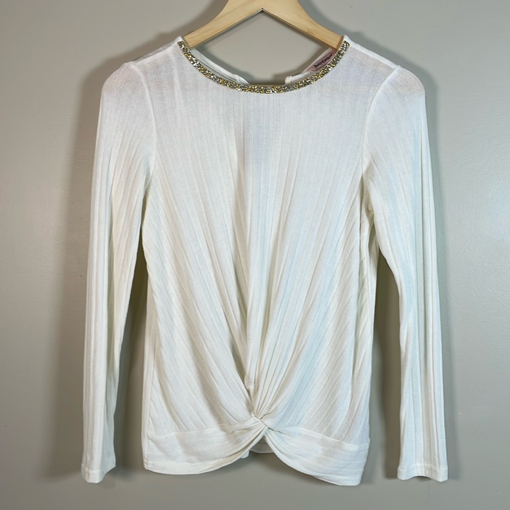 JUICY COUTURE XS Cream Twist Front Jewel Collar Ribbed Long Sleeve Sweater Y2K‎